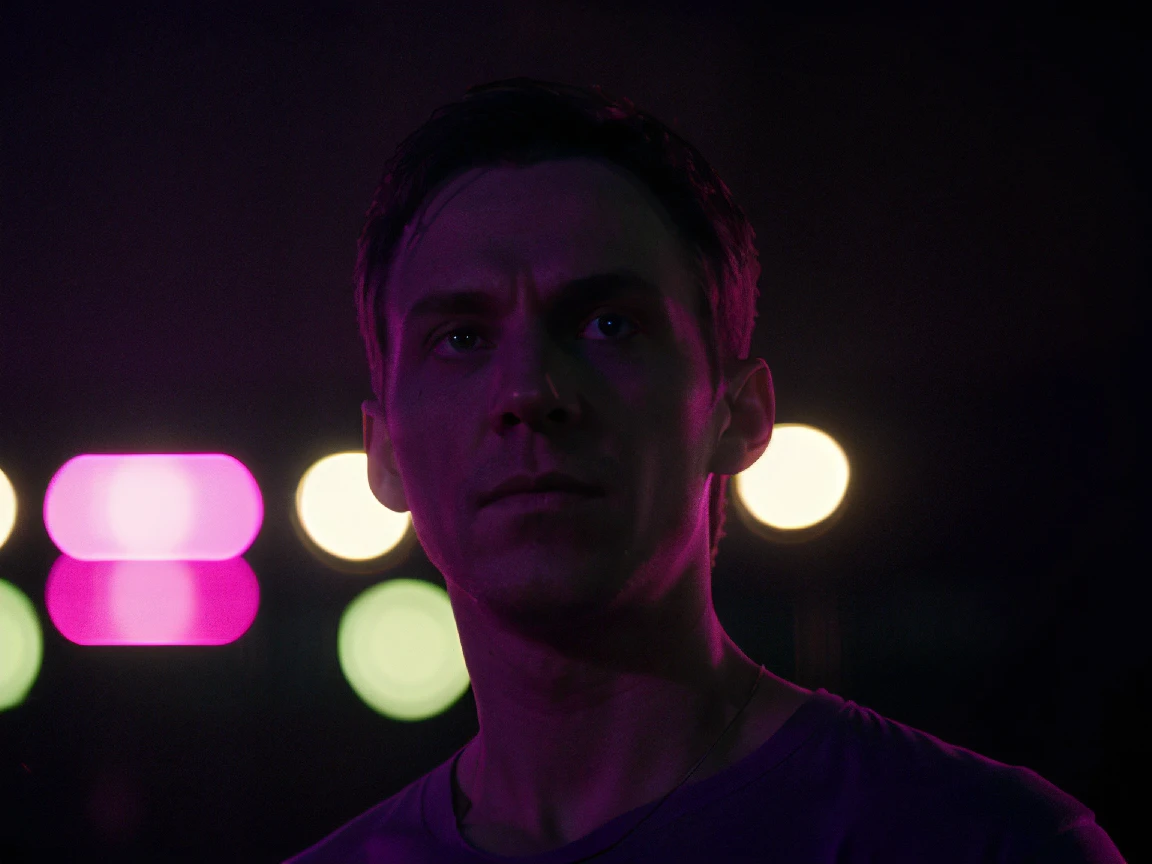 refnstyle,a man standing,close-up,purple tint,green tint,dimly lit,dark,at night,dramatic,vibrant,film grain,bokeh