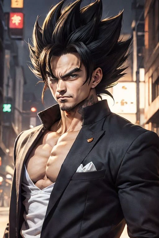 MANGA 2D_artwork, <lora:Saiyans:50.0>,(upper body), solo, male super saiyan, detailed face, YAKUZA SUIT, HIGH FABRICS, (evil smile:0.8),