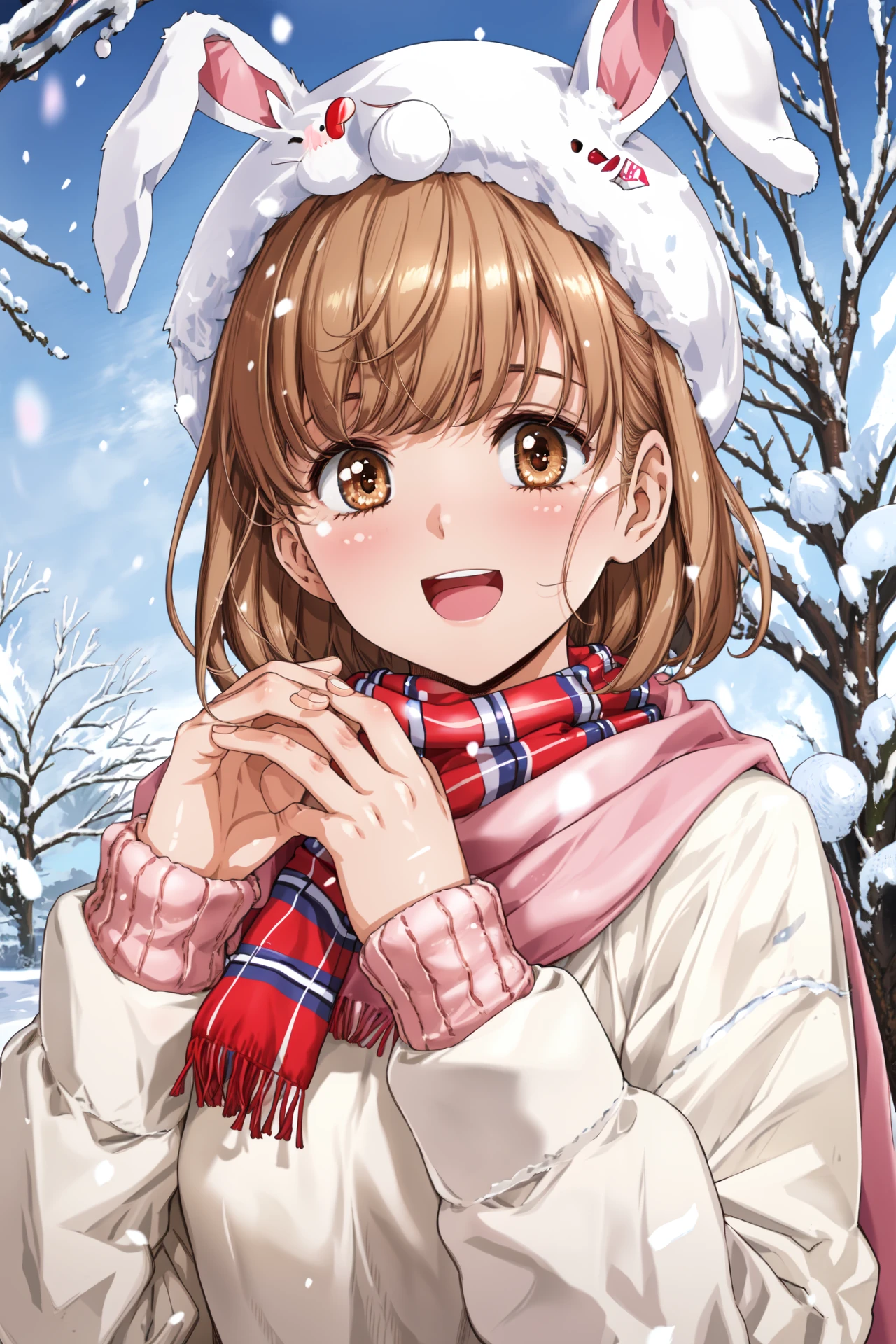 (masterpiece, best quality, highres, absurdres),<lora:GoodHands-vanilla:1.5>, 1girl, solo, red scarf, blush, scarf, upper body, looking at viewer, long sleeves, short hair, smile, brown eyes, bangs, holding, open mouth, snow bunny, sweater, snowing, tree, snow, hands up, brown hair,  <lora:UrushiharaSatoshi:0.7> ,  urushiharas,