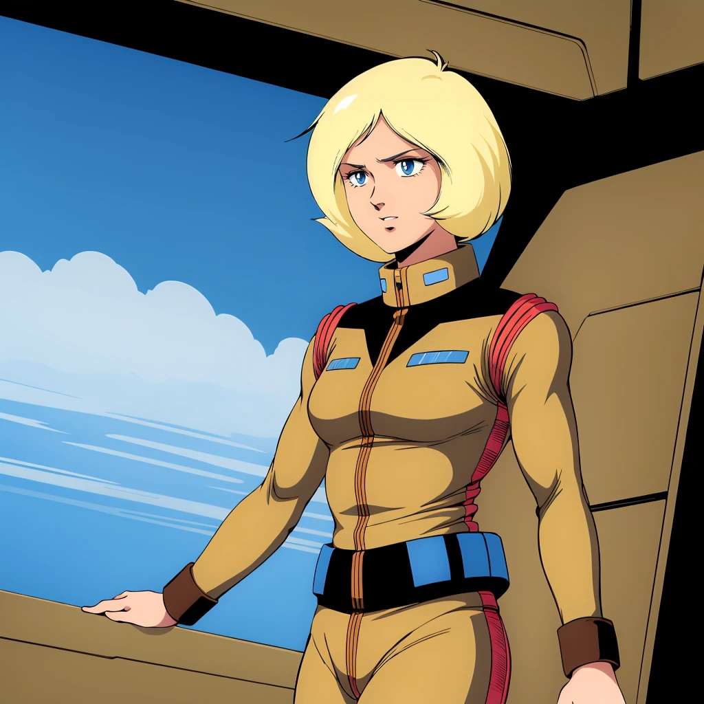 <lora:SaylaMass003:0.7>,<lora:add_detail:0.5>,<lora:noline:0.3>,<lora:boldline:-0.3>,
SaylaMass,1girl,blonde hair,short hair,blue eyes,retro artstyle,
pilot suit,
cowboy shot,