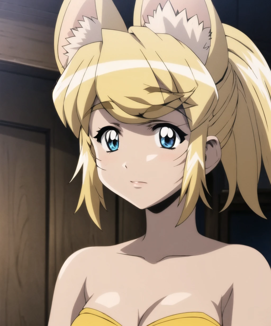 1girl,solo,blue eyes,blonde hair,animal ears,cleavage,bare shoulders,ponytail,wolf ears,extra ears,wolf girl,anime coloring,beltbra,<lora:renkin_san_kyuu_magical-09:1>,