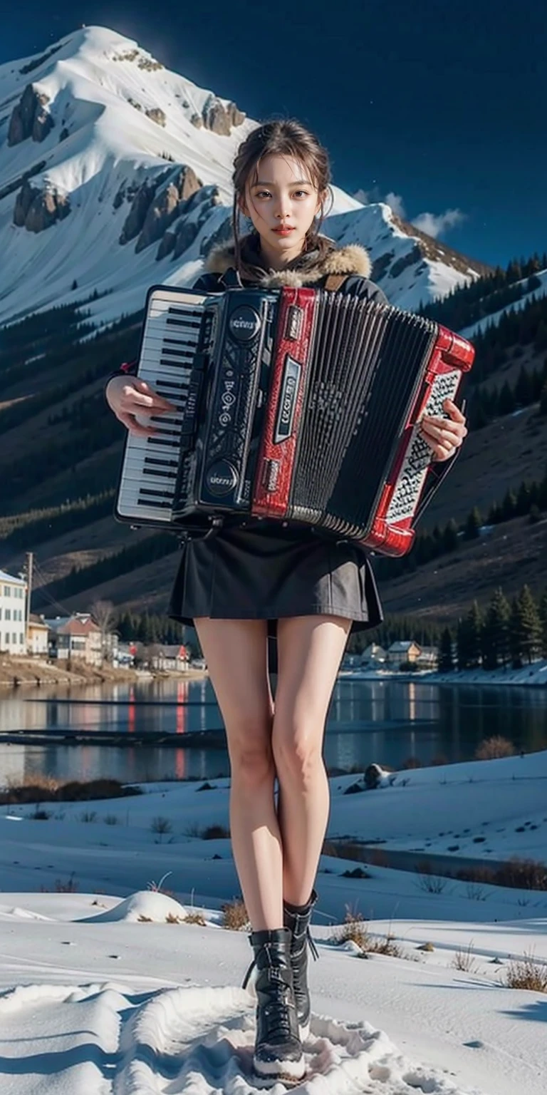 1girl, playing accordion, accordion, 
stand, full body, 
outdoor, snow mountain, snow, 
masterpiece, best quality, 8k