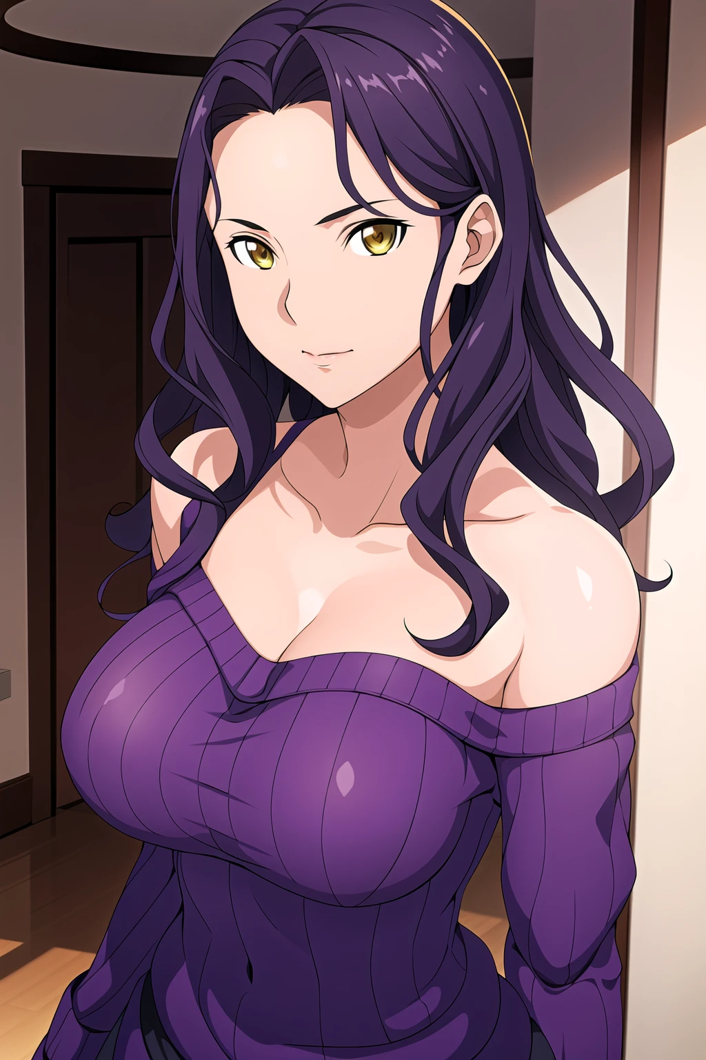 busty girl, by address, purple eyes, with purple dress