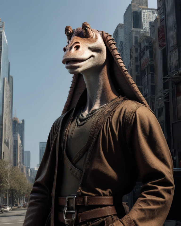 half-length portrait, city background
solo, anthro, male gungan, clothed, <lora:gungan:1>