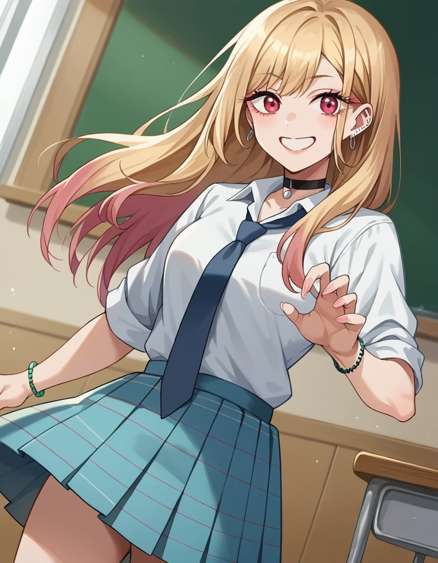 score_9, score_8_up, score_7_up, source_anime,
marinkitagawa, <lora:marin-kitagawa-ponyxl-lora-nochekaiser:1>,
marin kitagawa, long hair, bangs, blonde hair, red eyes, multicolored hair, smile,
skirt, shirt, jewelry, school uniform, white shirt, pleated skirt, earrings, necktie, choker, bracelet, blue skirt, plaid, black choker, plaid skirt,
indoors, classroom,
looking at viewer, cowboy shot, dutch angle, dynamic pose,