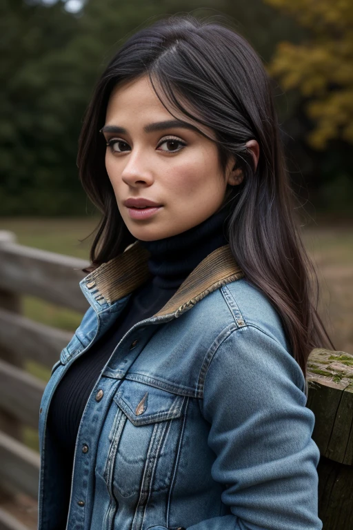 <a1lz3>, Busty wearing a tight green sweater and jeans, detailed eyes, nature, Short hair