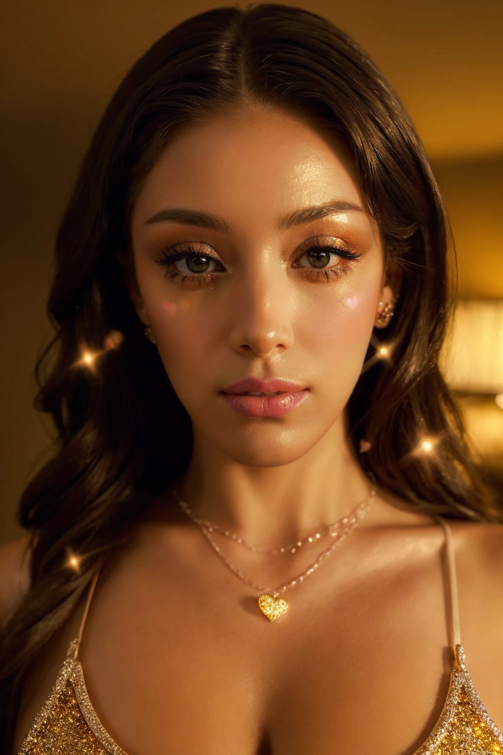 realistic, detailed facial features, highly detailed face,necklace,((universe, mothership yellow sparkles,hearts, mirada penetrante, beso apasionado)),(high quality:1.3),(best quality:1.3),(masterpiece:1.3),official art,official wallpaper,4k textures,(epic:1.2),(mysterious atmosphere:1.2),(twilight:1.2),subtle sparkles,whimsical vibes,(detailed:1.05),(extremely detailed:1.06),sharp focus,(intricate:1.03),(extremely intricate:1.04),high contrast,soft cinematic light,soothing tones,hdr,perfect eyes, <lora:Dojacat1:0.7> Dojacat1