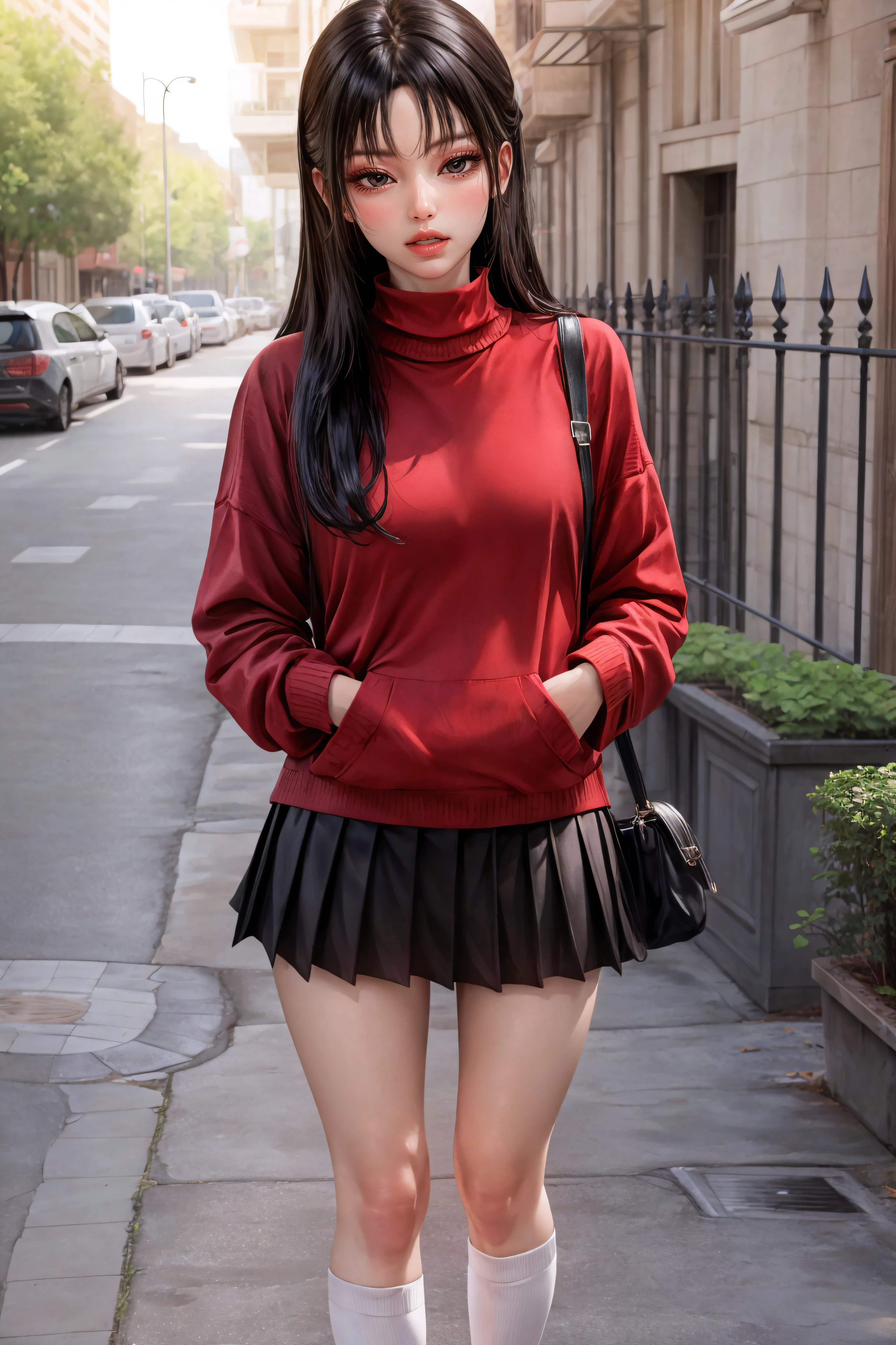 (masterpiece, best quality), <lora:hari-lora-Faxtron:0.8> hari, black eyes, black hair, long hair, red sweater, long sleeves, black pleated skirt, mini skirt, white socks, white sneakers, standing,
<lora:add_detail:0.8>,