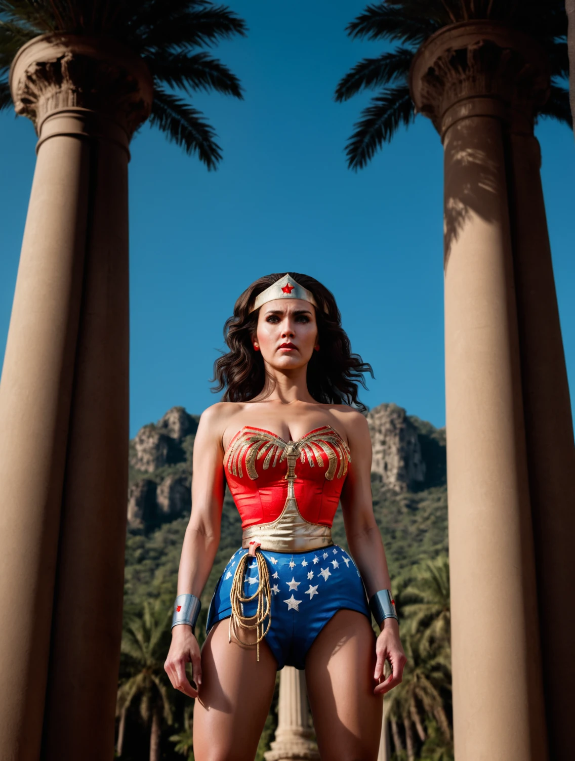 high fashion photo by Terry Richarson,
Wonder Woman,
Mid Shot Photo, dynamic pose,
in ancient temple, pillars, palm trees
<lora:add-detail-xl:1>
<lora:detailed_notrigger:0.5>
<lora:fix_hands:1>
<lora:Wonder Woman_SDXLBase:1>