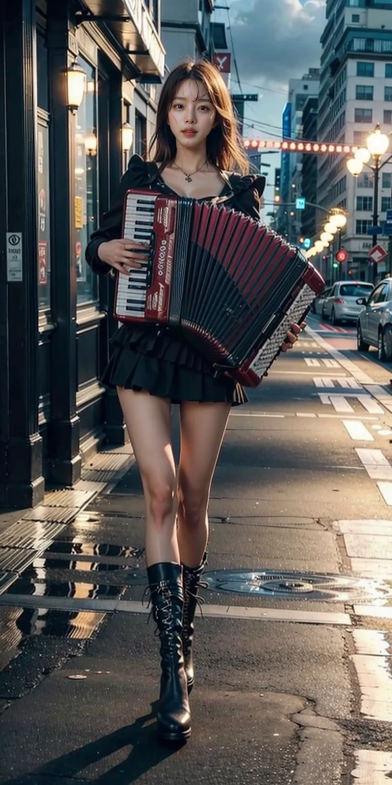 1girl, playing accordion, accordion, stand, full body,  high-heeled boots,outdoor, street, 
masterpiece, best quality, 8k