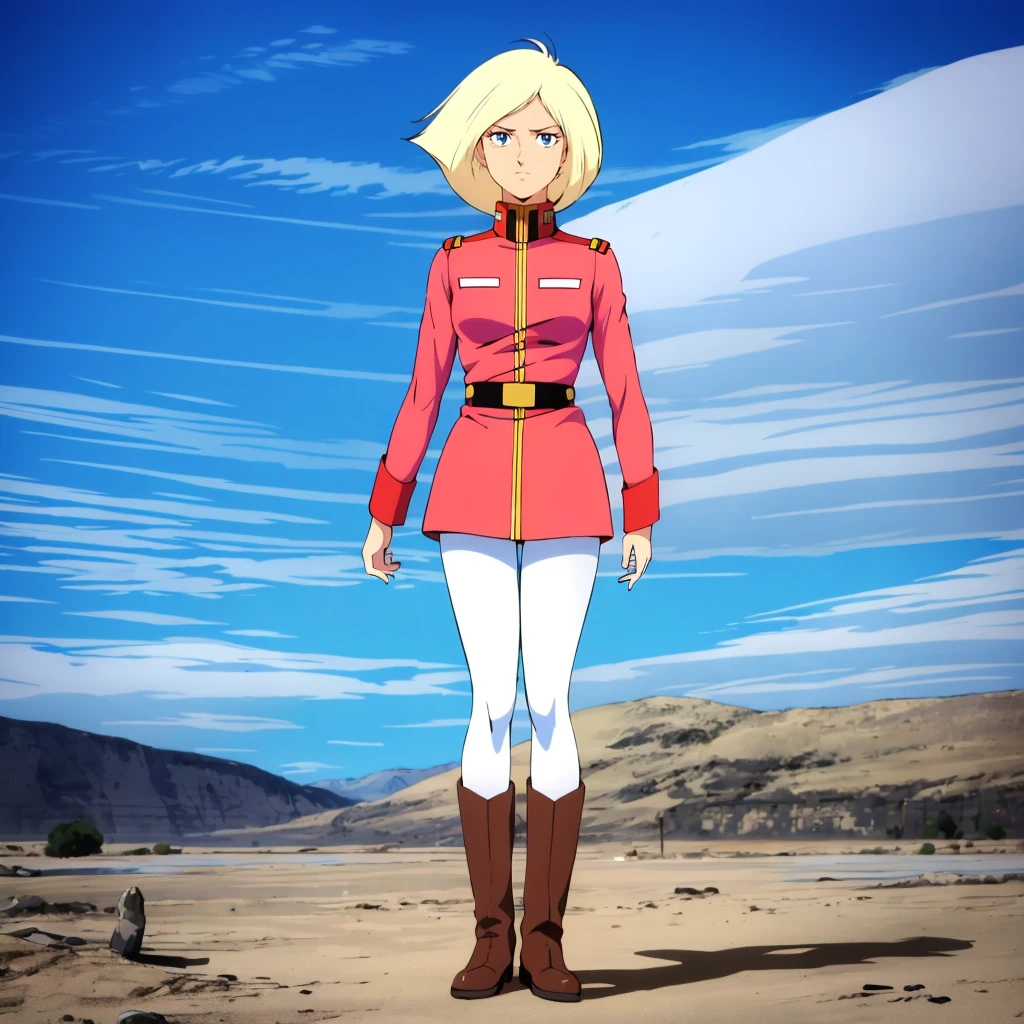 <lora:SaylaMass003:0.7>,<lora:add_detail:0.5>,<lora:noline:0.3>,<lora:boldline:-0.3>,
SaylaMass,1girl,blonde hair,short hair,blue eyes,retro artstyle,
military uniform,
white_pantyhose,
brown boots,
standing,