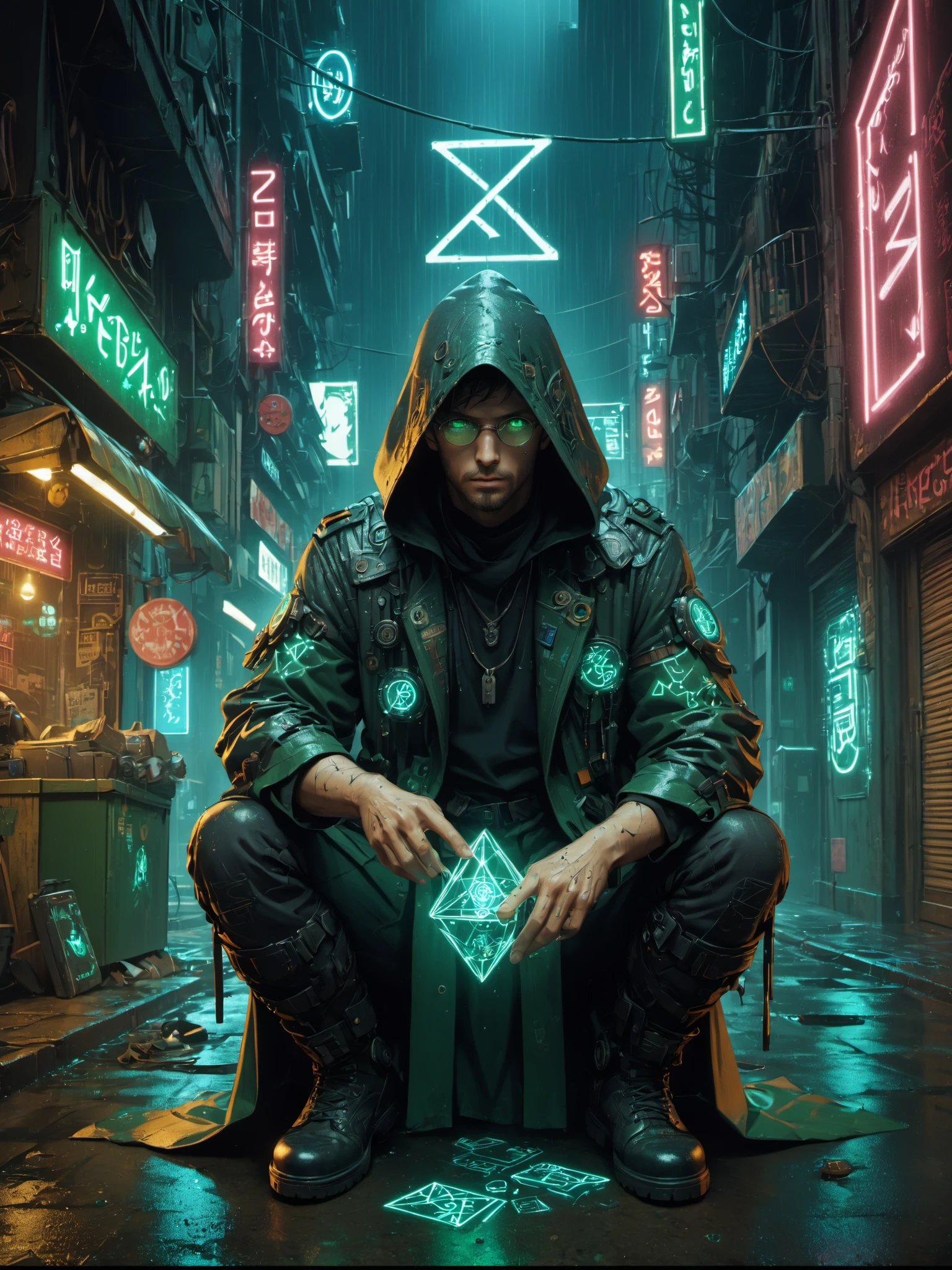 man, lost, cyberpunk, hacker, hoodie, hidden face, red eyes, red and orange colors, logo, ultra realistic, 64k quality, dark futuristic background, fog, ultra quality. --auto --s2