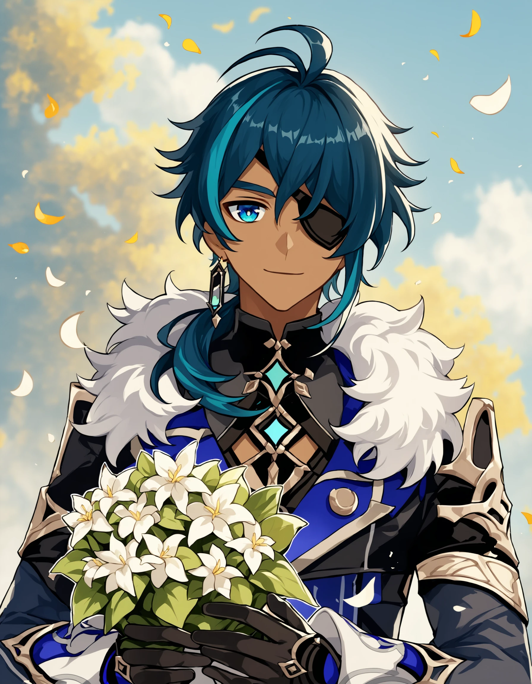 score_9, score_8_up, score_7_up, score_6_up, score_5_up, score_4_up, 1boy, Genshin Impact, Kaeya, Hoyoearth, solo, long hair, looking at viewer, smile, bangs, blue eyes, gloves, long sleeves, holding, hair between eyes, jewelry, blue hair, jacket, upper body, ponytail, flower, male focus, multicolored hair, earrings, black gloves, dark skin, streaked hair, fur trim, petals, eyepatch, dark-skinned male, antenna hair, white flower, hair over shoulder, single earring, bouquet, very detailed, cinematic angle, outdoors, ultra sharp, rembrandt lighting, side lighting, cinematic shading, cinematic lighting, foreshortening, detailed background, Hoyoverse, source_anime , <lora:earthhoyoponyxl:0.8>