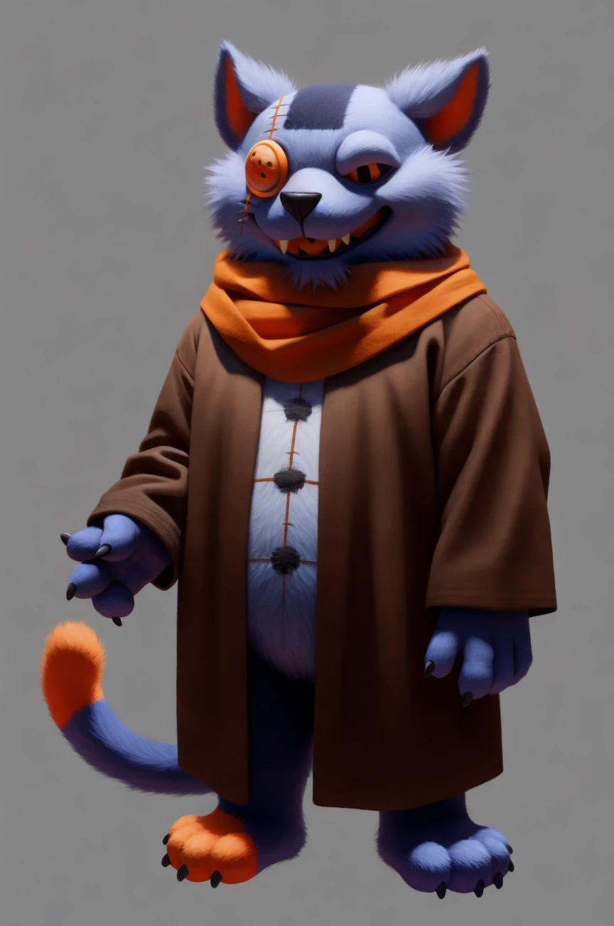 male, solo, seam \(deltarune\), purple cat, button eyes, felid, plushie, stitch \(sewing\), tail, sewn mouth, smile, fang, one black eye, one orange eye, button \(fastener\), standing, patch \(fabric\), full-length portrait, cheek tuft, masterpiece, extreme detail, mature male, brown robe, long sleeves, shawl, barefoot, claws, toe claws, fewer digits, 3 toes, dark background, asymmetrical, mismatched