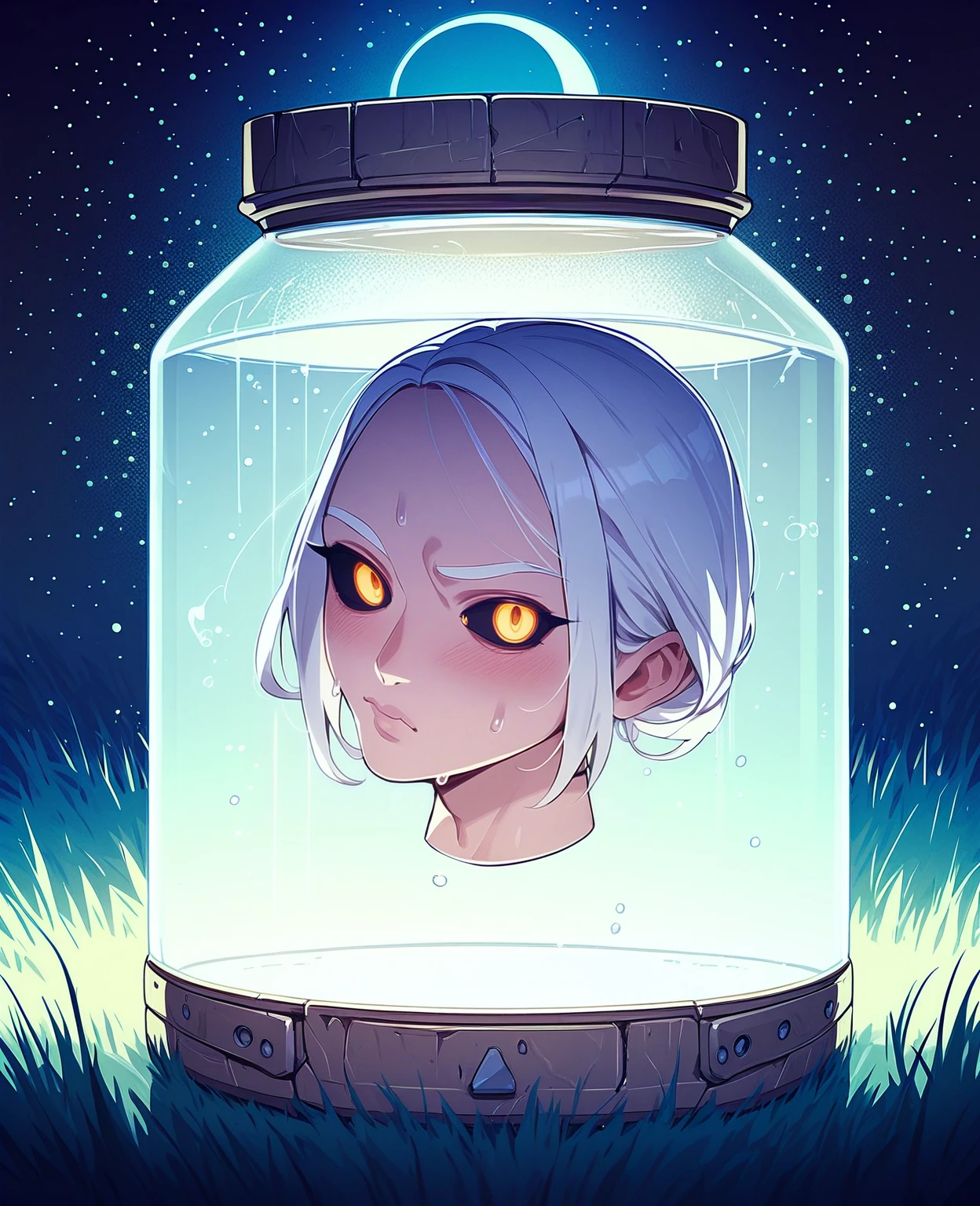 score_9,score_8_up,score_7_up,score_6_up,score_5_up,score_4_up, BREAK head tilt,only head,head inside jar,full of white water ,golden eyes black sclera,white hair,outdoors,night,moon,grass,sweaty, <lora:sdxlpony_onlyhead-v2:1>
