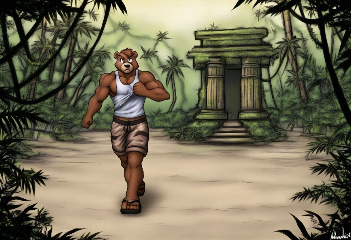 solo, male, furry, bear, muscular, holding a shirt, running, confused look, wearing sandals, long tail, full body in frame, jungle temple in the background