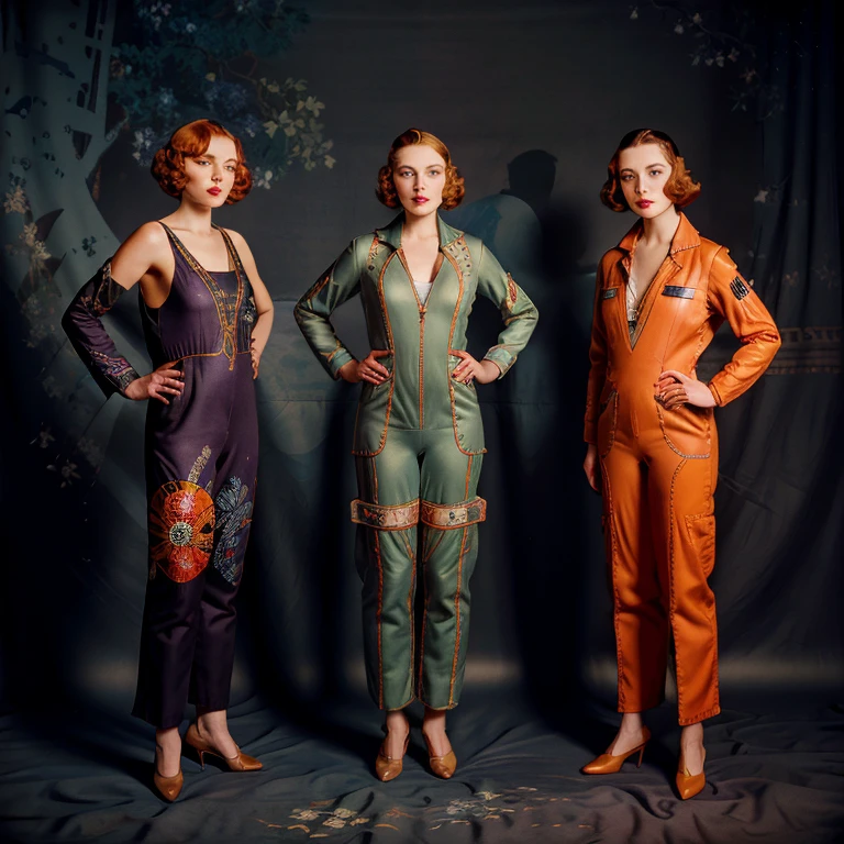 color photo, uhd, 8K, masterpiece,  <lora:Decopunk_SD:1> d3c0pnuk, three adventurers in  art deco flight  suits designed by erte, circa 1934