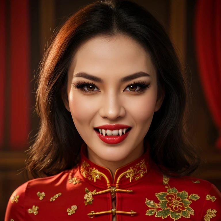 close-up portrait, sexy [ Ukranian | Vietnamese ] vampire, bared fangs, cheongsam, teeth <lora:VampireFangs_v1:1> <lora:LORA-XenoDetailer-v3A:0.3>
