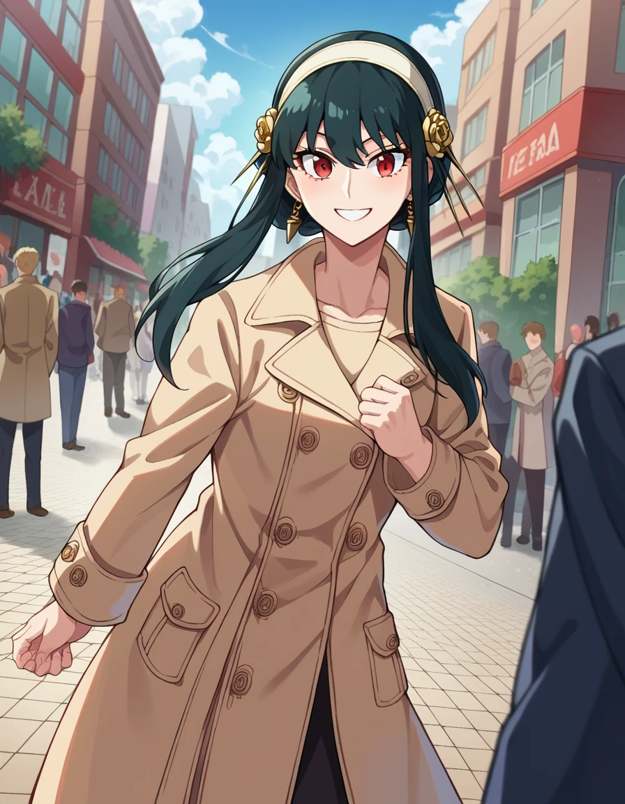 score_9, score_8_up, score_7_up, source_anime, 
yorbriar, <lora:yor-briar-ponyxl-lora-nochekaiser:1>, 
yor briar, black hair, red eyes, earrings, white hairband, hairband, long hair, sidelocks, smile,
coat, trench coat,
outdoors, cityscape, crowd, people, street,
looking at viewer, cowboy shot, dutch angle, dynamic pose,