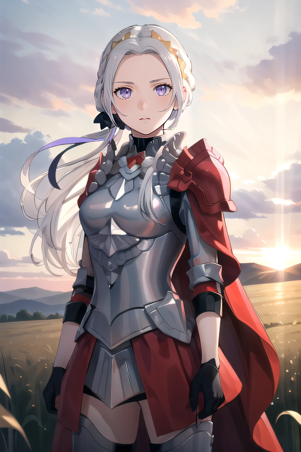 (masterpiece:1.2), best quality, high resolution, unity 8k wallpaper, (illustration), extremely detailed face, perfect lighting, extremely detailed CG, 1girl, solo, <lora:Edelgard:0.8>, purple eyes, white hair, long hair, hair ornament, ribbon, red cape, armor, standing, cowboy shot, looking at viewer, expressionless, simple background, sunset behind, field