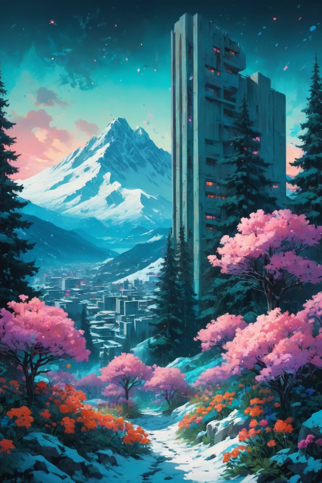 masterpiece, overgrown brutalism, cyan glow, glowing trees, colorful flowers, breathtaking landscape, (a snowy mountain city), <lora:Overgrown_Brutalism_SDXL:.8>