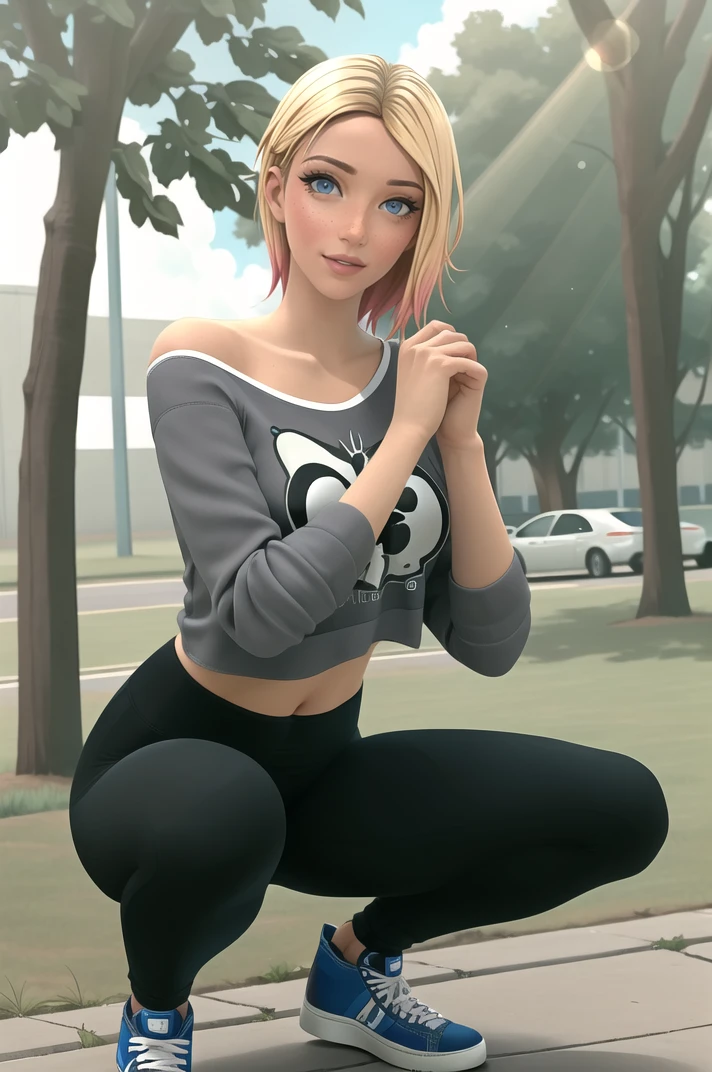 (masterpiece, high quality, detailed background:1.1), 1girl, solo,
<lora:GwenStacy-v1-06:0.6>, ChopioGwenStacy, realistic, short hair, blonde hair, gradient hair, sidecut, undercut, blue eyes, freckles, lips, nose, eyebrow piercing, eyeshadow, mascara, makeup, (looking at viewer:1.3),
mature female, medium breasts,
outfit_1, grey shirt, animal print, crop top, off-shoulder shirt, long sleeves, sleeves pushed up, yoga pants, black leggings, tight pants, (crop top overhang:1.2), 
park, outdoors, grass, path, trees, flowers, sunny, light rays, lens flare,
sexy smile, squatting,