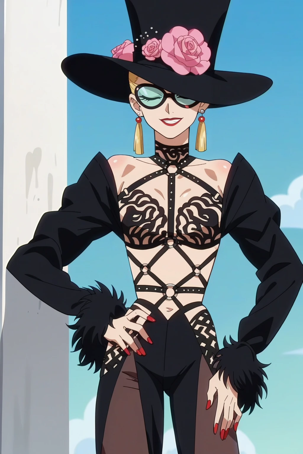 score_9, score_8_up, score_7_up, score_6_up, score_5_up, score_4_up, BREAK source_anime,anime screencap,rating_explicit,1girl,solo,anime screencap,smile,
edgTM, a woman in a black harness and a hat ,wearing edgTM_style fashion, eccentric clothing
<lora:edgTMuglerPony:0.9>