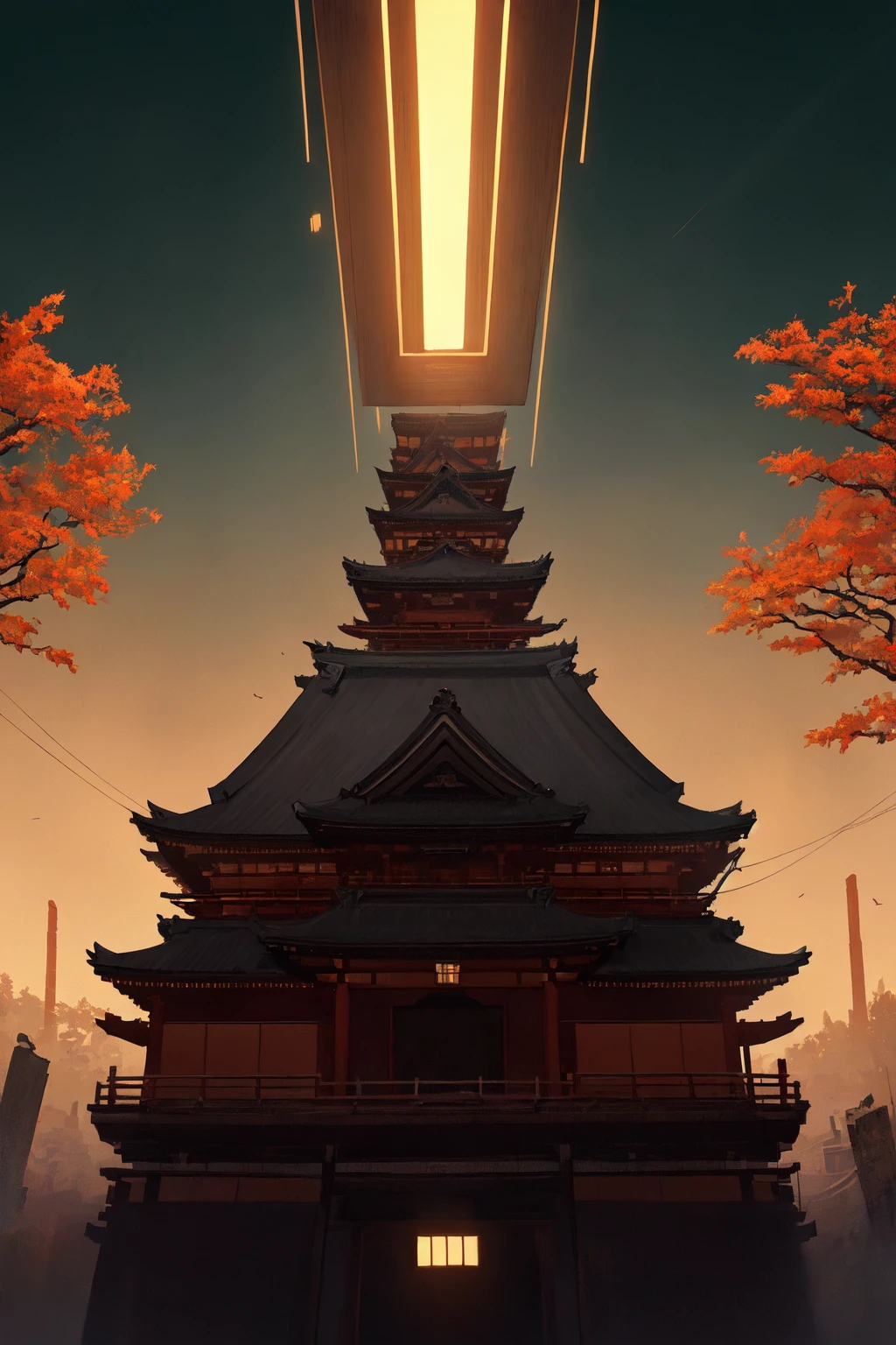 (masterpiece, best illustration, no humans), anime background, kyoto in autumn, semi realistic, dreamscape, award winning masterpiece with incredible details, liminal space, highly detailed, Toronto, cinematic , rim lighting , octane render, cinematic angle, cinematic lighting