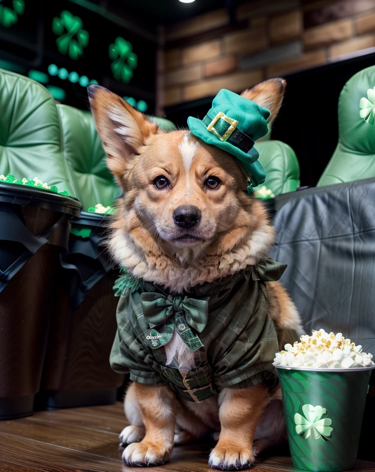 cinematic photo  <lora:quiron_sainttPatrickDay_v2_Lora:0.87> saintPatDQuiron, Cute small humanoid corgi sitting in a movie theater eating popcorn watching a movie ,unreal engine, cozy indoor lighting, artstation, detailed, digital painting,cinematic,character design by mark ryden and pixar and hayao miyazaki, unreal 5, daz, hyperrealistic, octane render, cine, film,movie, retro, Coyote,,  Saint Patrick's Day,  . 35mm photograph, film, bokeh, professional, 4k, highly detailed