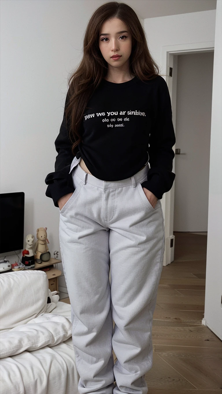1girl, pokimanelol, shirt english text, long sleeves, pants, full body, simple background, indoors, ((hands in pockets)),