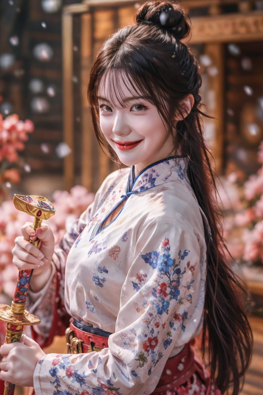 Sword Sakura,upper_body,(snowing:1.3),1girl,weapon,sword,(evil smile),black hair,petals,cherry blossoms,(floating long hair:1.5),chinese clothes,hair bun,hair ornament,holding weapon,looking at viewer,holding sword,holding,long sleeves,facial mark,single hair bun,flower, outdoors,best quality,masterpiece,illustration,an extremely delicate and beautiful,CG,unity,8k wallpaper,Amazing,finely detail,masterpiece,official art,extremely detailed CG unity 8k wallpaper,incredibly absurdres,huge filesize,ultra-detailed,highres,extremely detailed,beautiful detailed girl,realistic,<lora:leedahey:0.7>,<lora:Sword Sakura_20240129064936:0.6>