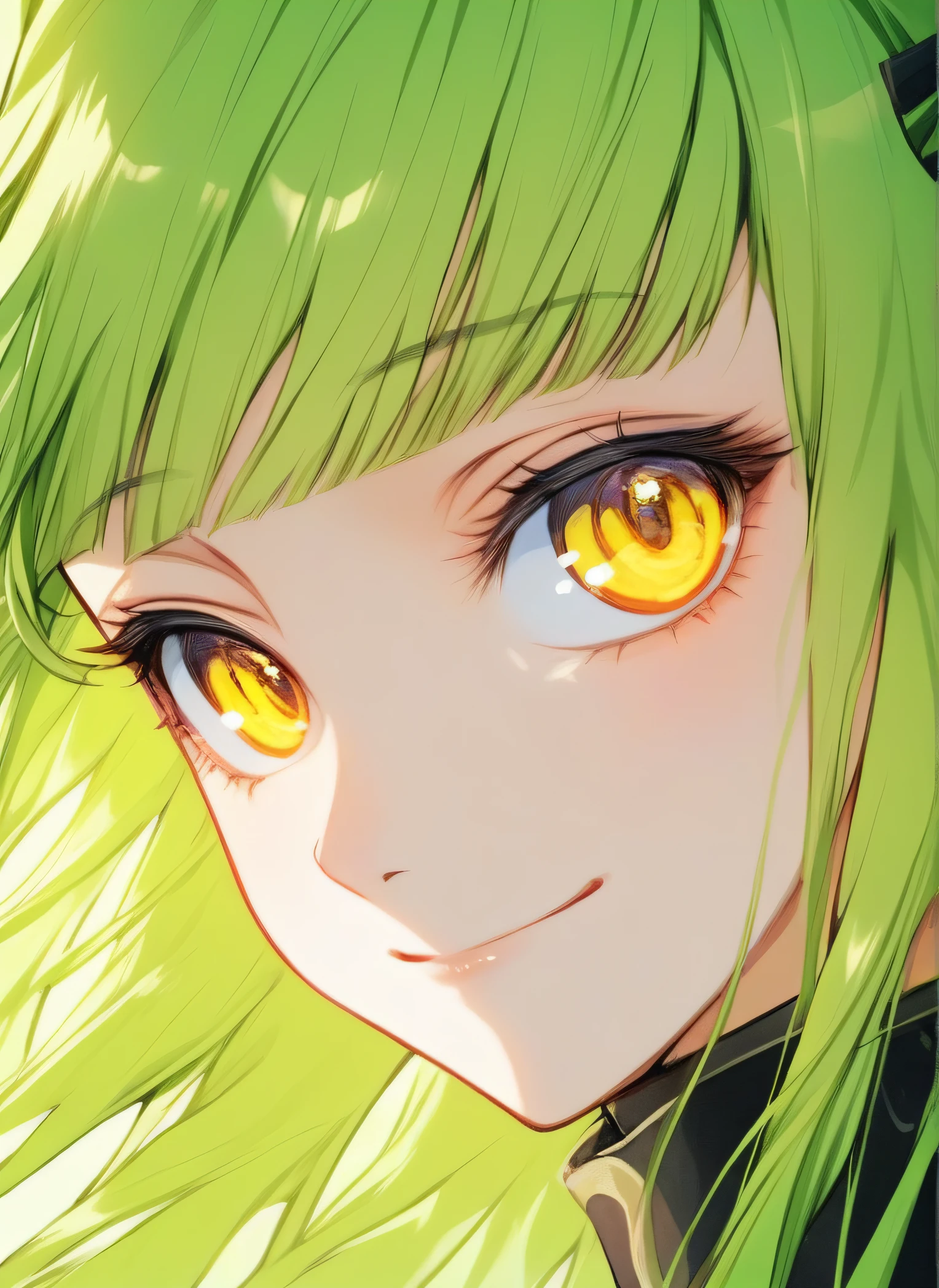 <lora:CC:0.7> 1girl,solo,long hair,looking at viewer,smile,bangs,closed mouth,yellow eyes,green hair,portrait,close-up,c.c.