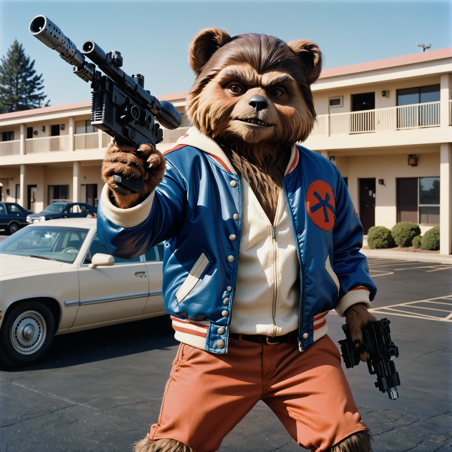 An Ewok wearing a varsity jacket aiming a gun in motel parking lot, dl44blstr, 80s movie, action movie, low budget,