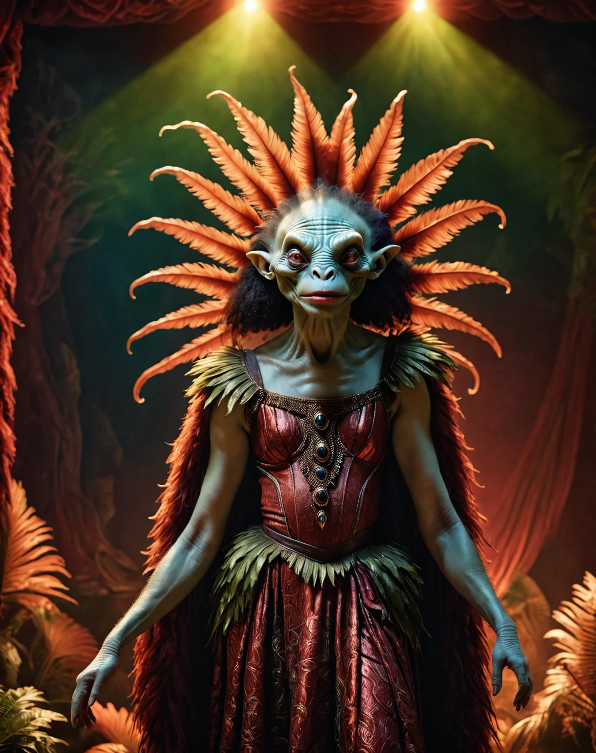 (((chiaroscuro, feature.alien, scifi.style dark dim scene of ((dreaming monster full-body portrait, realistic, fashion, crazy glamour scene, potpourri, straight-on, horror (theme), (red theme:0.47), abstract background, surreal, abstract, midriff, makeup :d, leaf, feathers, red lips , scenery, , no humans, afro, throne, absurdres, detailed, macro details, 8k, hyper realistic, texture surface details))) !, color photo, atmospheric, light and shadow, crepuscular, slight athmospheric mist of a band some of animals, depth at play where all inside of a <lora:Potpourri-v1e9:1>))) !