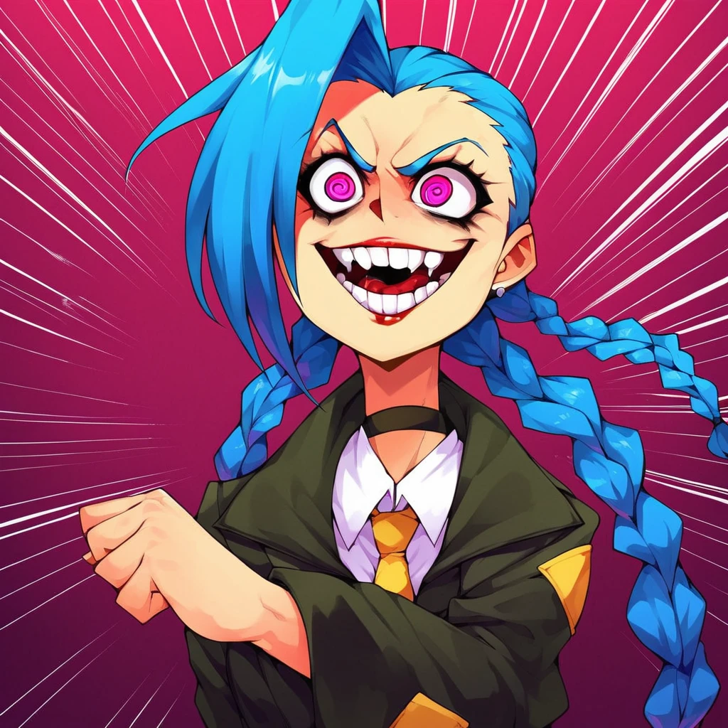 score_9_, rating_sfw, jinx, standing, crazy eyes, overcoat