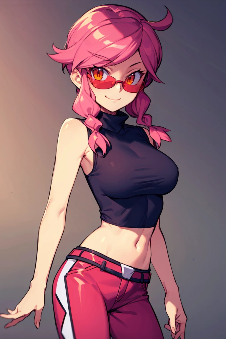 A sultry older sister (pink hair, blind white eyes, bra and sweatpants) licking a small  with a lewd look in her eyes
