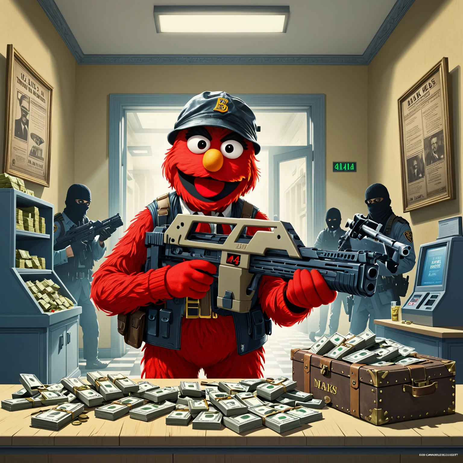 Elmo holding a m41apls rifle in a bank, bank heist, money bags, robbery, HEAT, movie poster,