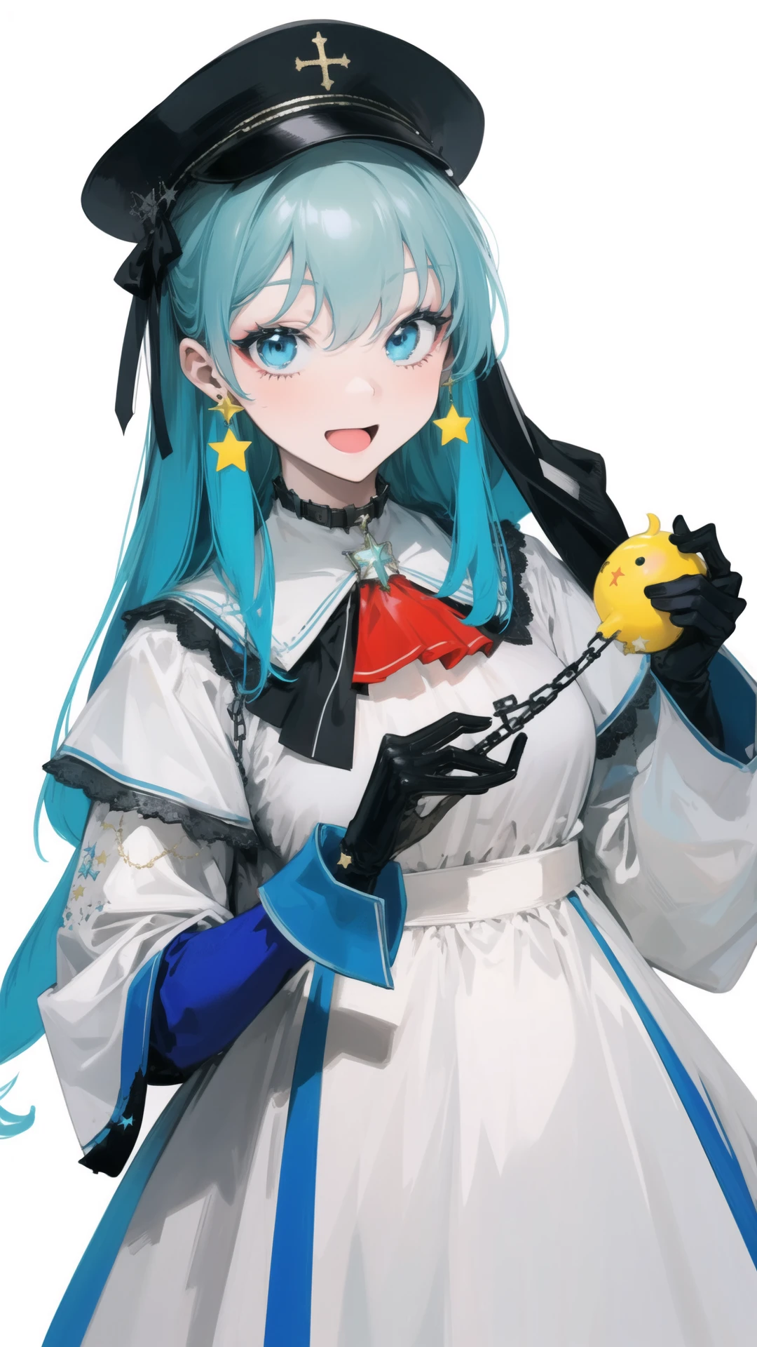 1girl, :d, ascot, bangs, black_gloves, blue_eyes, chain, cross, earrings, eyebrows_visible_through_hair, gloves, hair_between_eyes, hat, hat_ornament, jewelry, long_hair, long_sleeves, looking_at_viewer, open_mouth, silver_hair, simple_background, smile, solo, star_\(symbol\), star_earrings, upper_body, very_long_hair, white_background
<lora:èªç»ç»é£ ohisashiburi v4.0:1>