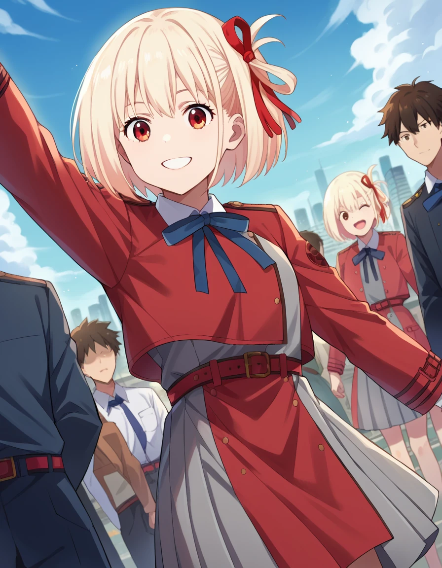 score_9, score_8_up, score_7_up, source_anime, chisatonishikigi, <lora:chisato-nishikigi-ponyxl-lora-nochekaiser:1>, chisato nishikigi, short hair, bangs, blonde hair, red eyes, hair ribbon, one side up, bob cut, smile, shirt, long sleeves, dress, ribbon, white shirt, collared shirt, belt, neck ribbon, red dress, blue ribbon, pleated dress, grey dress, two-tone dress, red belt, lycoris uniform, outdoors, cityscape, people, crowd, looking at viewer, cowboy shot, dutch angle, dynamic pose,