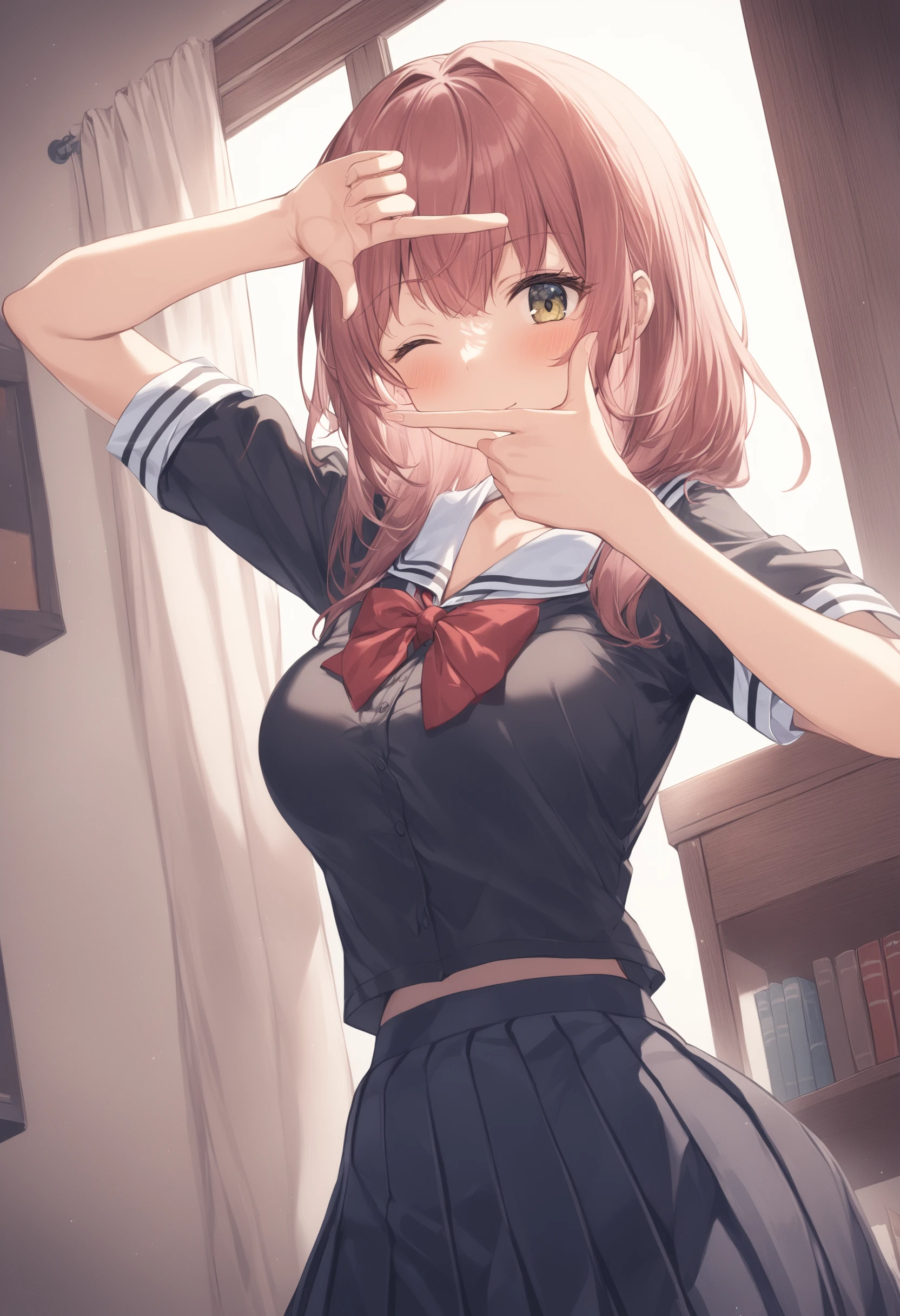 1girl, <lora:sdxl2-flat2-512b:-1>,medium breasts,school uniform,
<lora:fingerframeXLv2:1>,finger frame, looking at viewer, arm up, one eye closed, hands up,
best quality,medium quality,