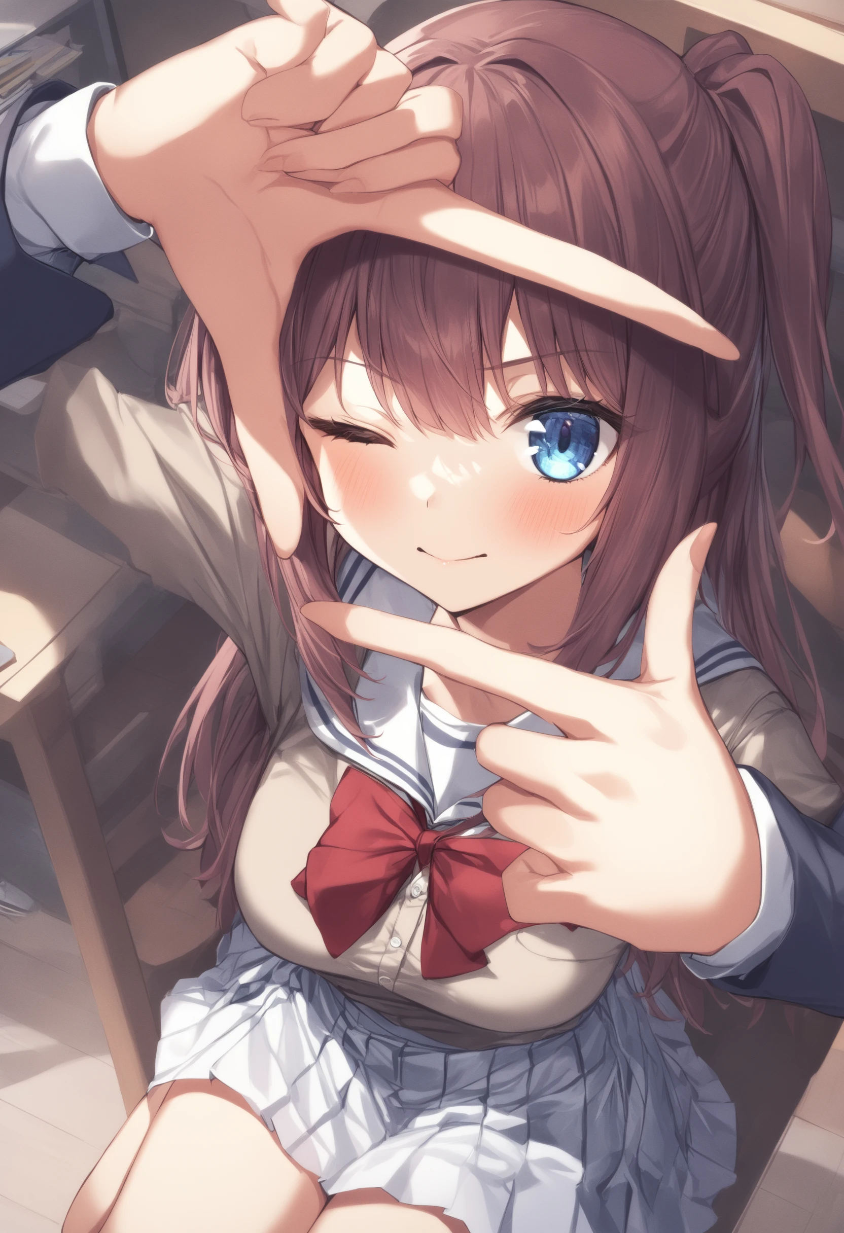 1girl, <lora:sdxl2-flat2-512b:-1>,medium breasts,school uniform,
<lora:fingerframeXLv2:1>,finger frame, looking at viewer, arm up, one eye closed, hands up,
best quality,medium quality,