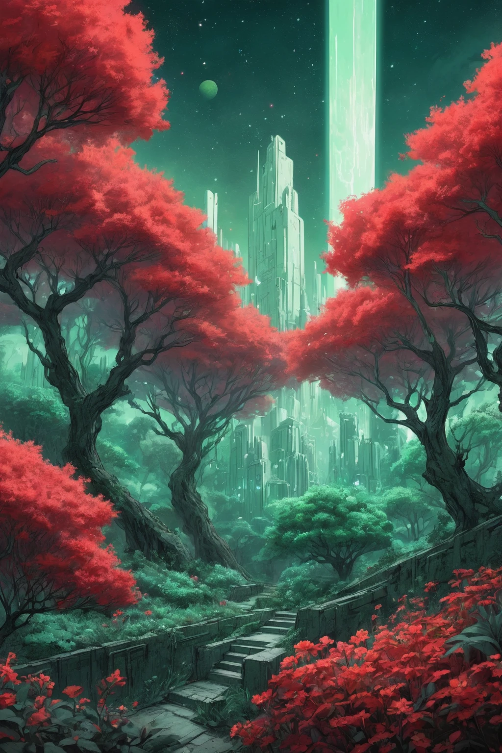 masterpiece, overgrown brutalism, Mint green glow, glowing trees, colorful flowers, breathtaking landscape, (in the sky is red dwarf star , slightly cloudy,, ), highly detailed pencil sketch, pen inks, ultra detailed, beautiful colors, vibrant background, digital illustration trending on cgsociety artgerm IntiresaHQ <lora:Overgrown_Brutalism_SDXL:.8>