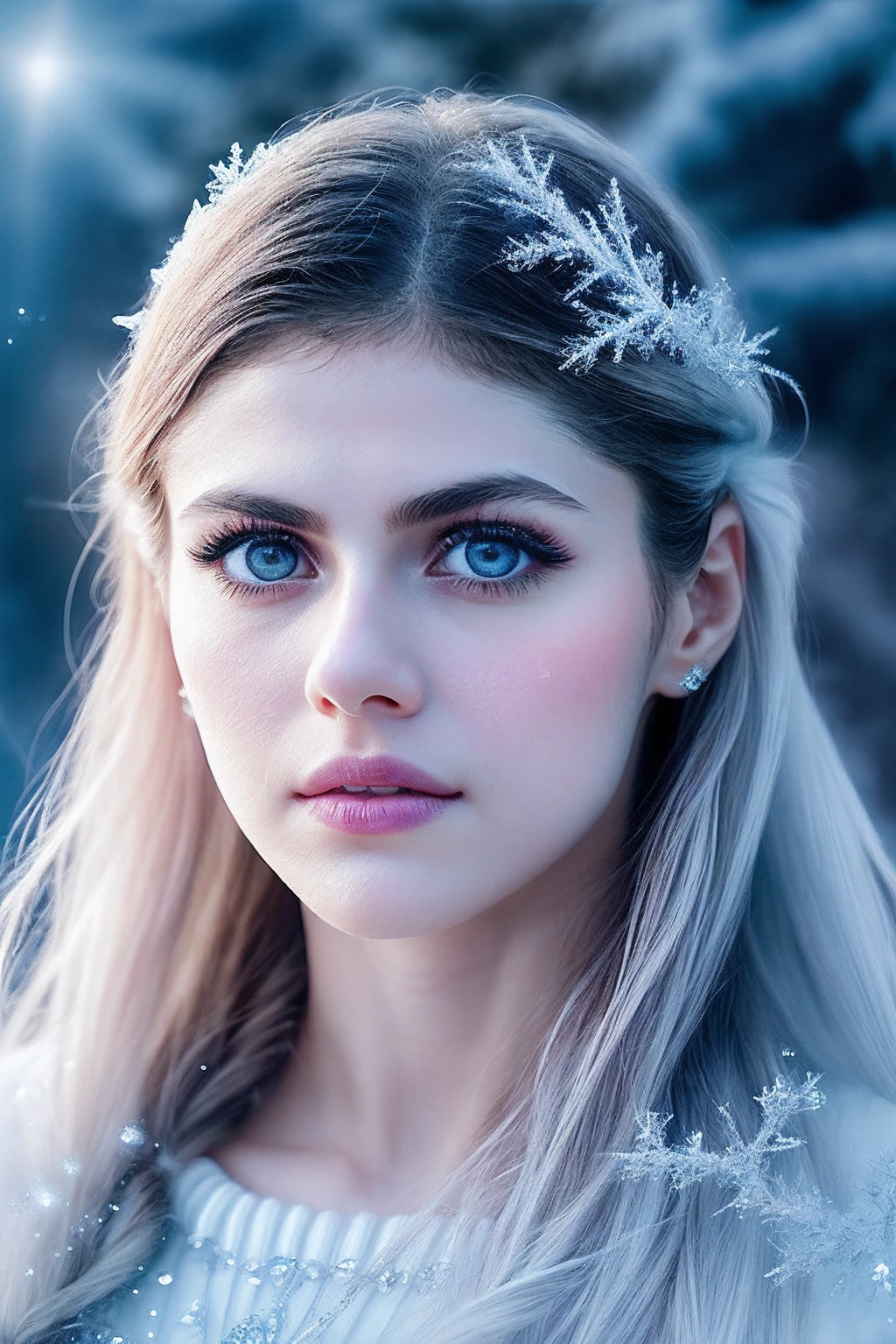 AlexDD_SoloTI_v1,
a beautiful woman, perfect hair, Elegant and ethereal attire, featuring icy and frosty elements, graceful and enchanting pose, close-up shot, (digital, cool and icy colors, a touch of magical filters), (Enchanted Frozen Kingdom Setting, with snow-covered landscapes, shimmering ice castles, and a sense of magical wonder), sparkling and mesmerizing eyes, a serene and enchanting expression, rosy and frost-kissed lips, (frozen gaze: 1.1), delicate and enchanting accessories, (magical shot: 1.3), (soft and cool lighting, creating a magical and ethereal atmosphere with a soft and icy glow),
<lora:add_detail:0.6> ,<lora:LowRa:0.4>