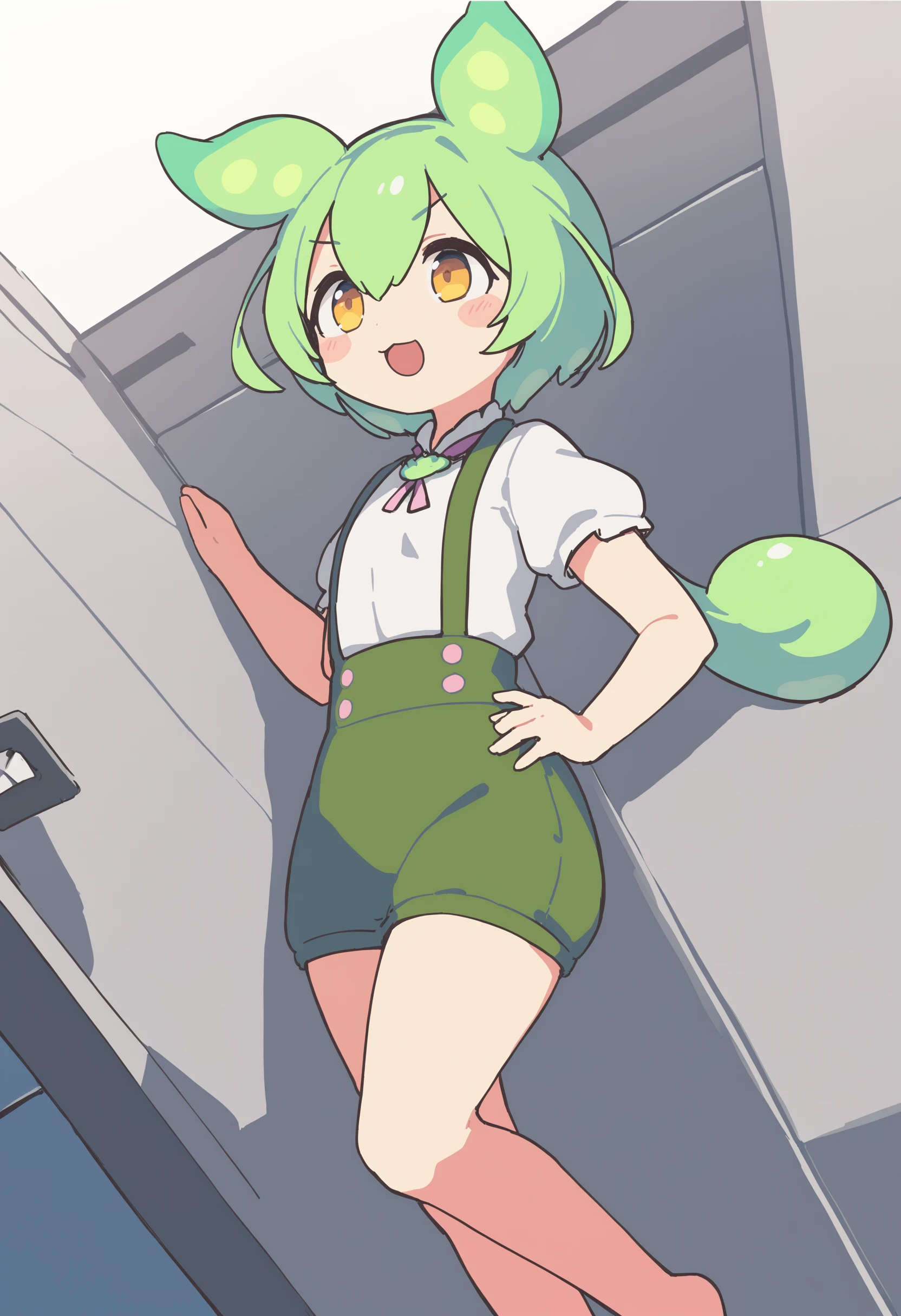 1girl,zundamon,voicevox ,<lora:zundamonXLv1:0.7>,green hair, blush stickers, animal ears,white shirt, short sleeves, long hair, suspender shorts,shorts, puffy sleeves, low ponytail, hair ears,
dutch angle, feet out of frame, looking up, light smile, Station platform, open mouth,
masterpiece, best quality,