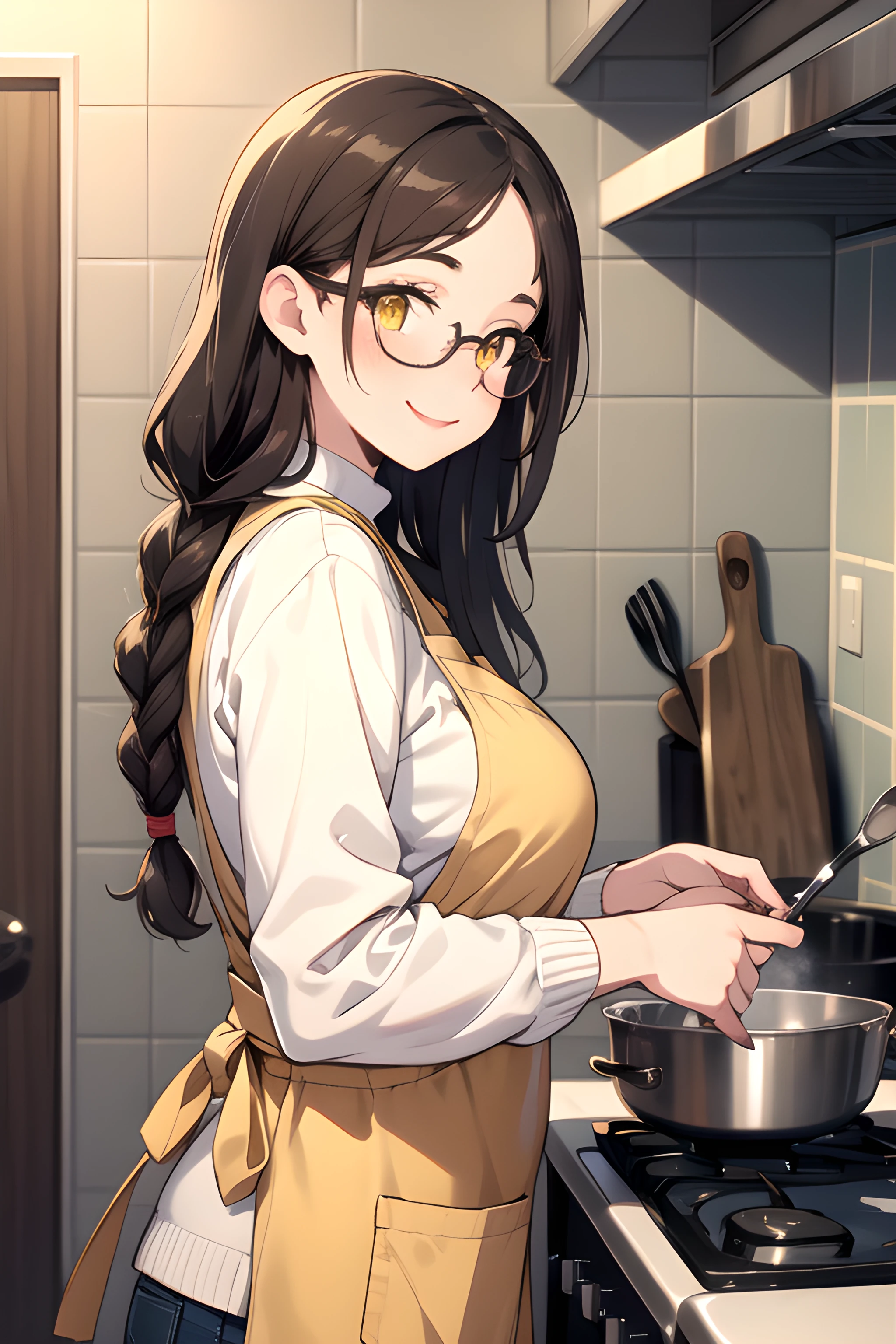 (masterpiece, best quality, highres), mature female, solo, brown hair, low-braided long hair, wavy hair, yellow eyes, parted bangs, sidelocks, large sagging breasts, long eyelashes, black-framed round eyewear, kitchen, sweater, jeans, yellow apron, happy, smile, humming, musical note, cooking, sleeves rolled up, from side, upper body
