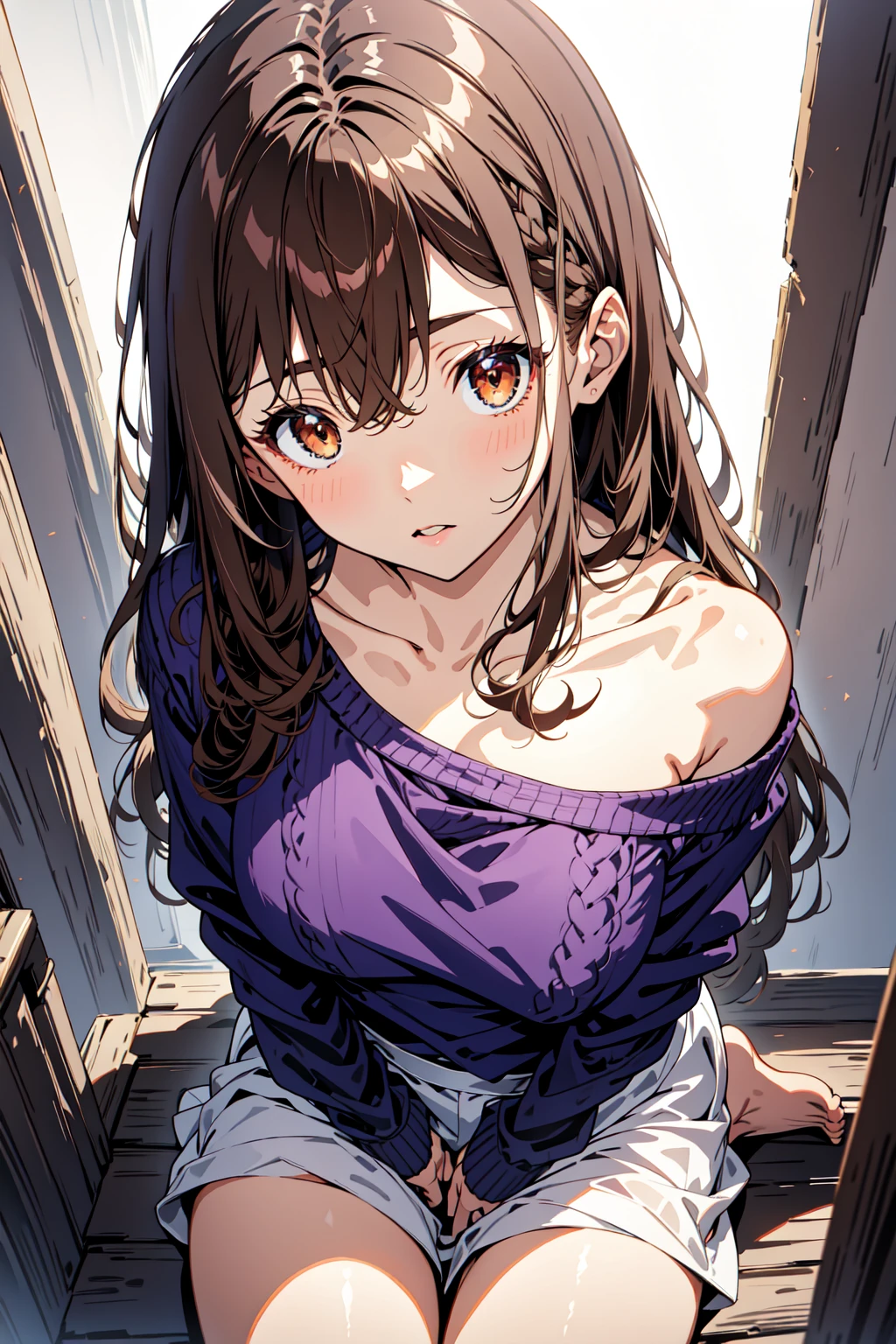 masterpiece, best quality, ultra-detailed, official art, 1girl, <lora:one-shoulder_sweater-08:0.6>, one-shoulder sweater, purple sweater, brown hair, long hair, brown eyes, from above, sitting, wariza