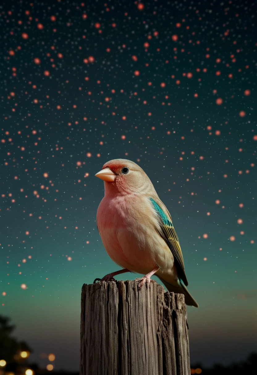photograph, Ugly Teal, Coral and Beige Finch, Stars in the sky, Dark, Darkcore, Fast Shutter Speed, Canon R5, 35mm, extremely detailed CG Unity 8k wallpaper, 64K, photorealism, photo, dark realism