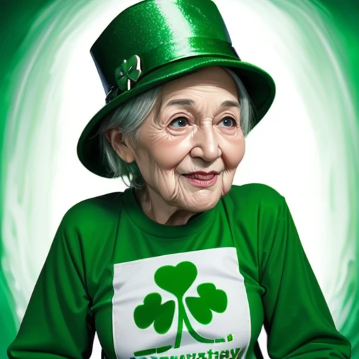 old woman, <lora:Saint_Patrick's_Day:0.5>, green hat, St Patrick's Day, SPDC, realistic, shamrock, green water, long sleeves