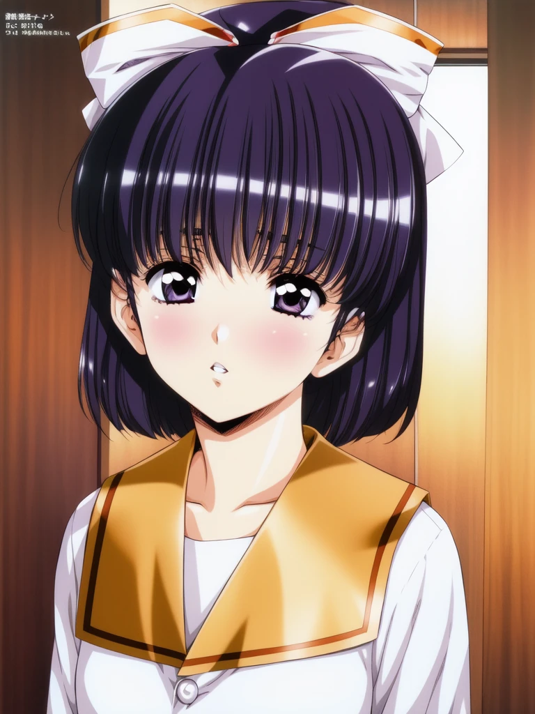 <lora:Ai_Mizuho:0.8>,Mizuho, 1girl, solo, short hair, bow, long sleeves, parted lips, looking at viewer, bangs, upper body, tomoe hotaru, white bow, school uniform, shirt, indoors, white shirt, blush,
masterpiece, high quality, very_high_resolution, large_filesize, full color,