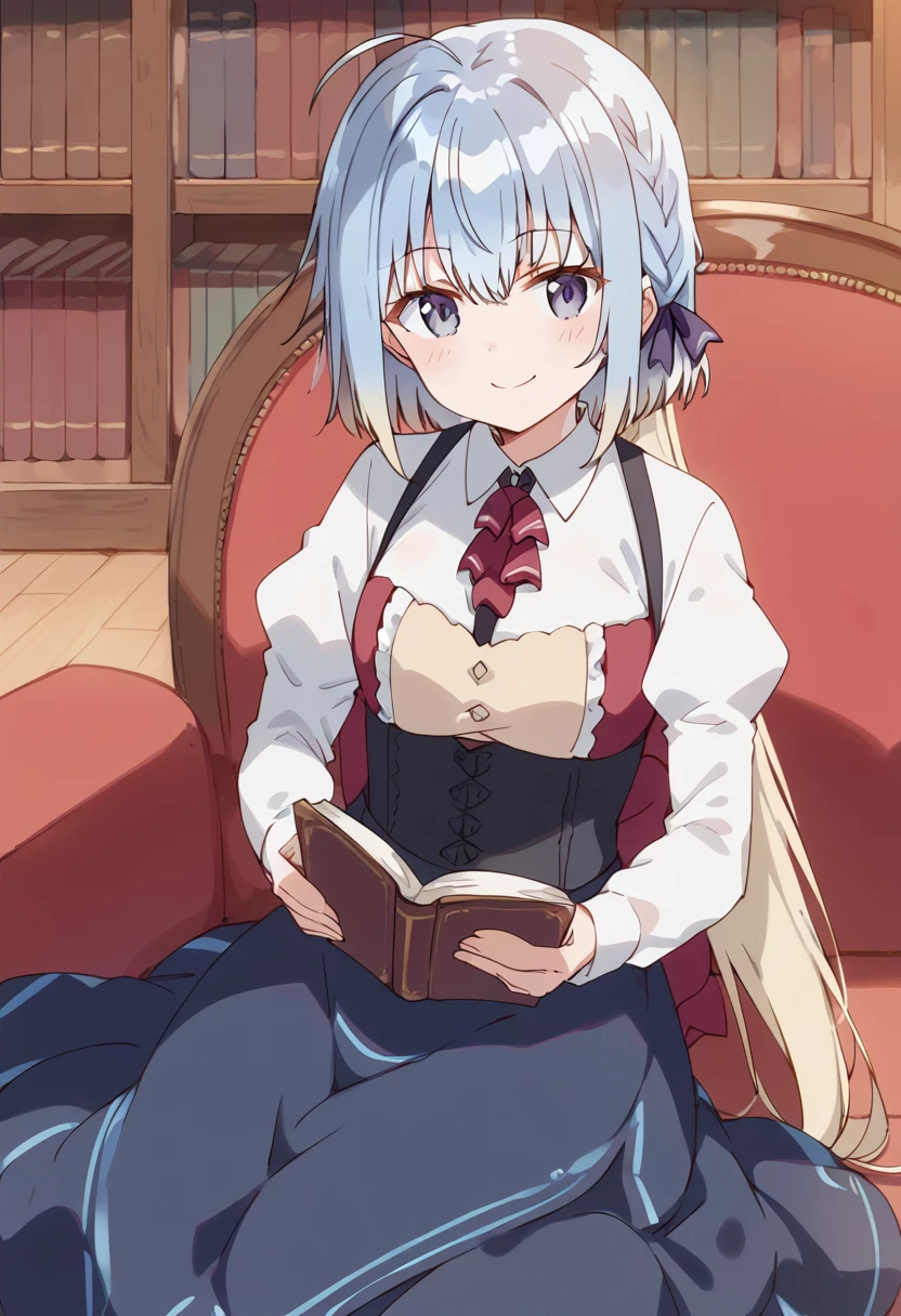 score_9, score_8_up, score_7_up, source_anime BREAK
1girl, haiselita aldridge, anime screencap, book, solo, blue eyes, ahoge, sitting, blue hair, blonde hair, bookshelf, looking at viewer, couch, holding book, multicolored hair, eyebrows visible through hair, indoors, blush, very long hair, open book, juliet sleeves, closed mouth, red neckwear, two-tone hair, reading, hair between eyes, ascot, gradient hair, white shirt, smile, wooden floor, light blue hair, watermark, white hair, silver hair, shiny hair, braid, hair ribbon, collared shirt, blue skirt, ponytail, on couch, shiny, black skirt, hair ornament, grey eyes, sidelocks, chair, long skirt, high-waist skirt, blue dress, short hair, small breasts, library, shelf, feet out of frame, wing collar, on floor, corset, buttons, colored inner hair, smile, purple ribbon, purple eyes, underbust, frills, table, suspenders, grey hair, puffy long sleeves, low ponytail, armchair <lora:haiselita_aldridge_sdxl_locon_pony_v1:0.7>